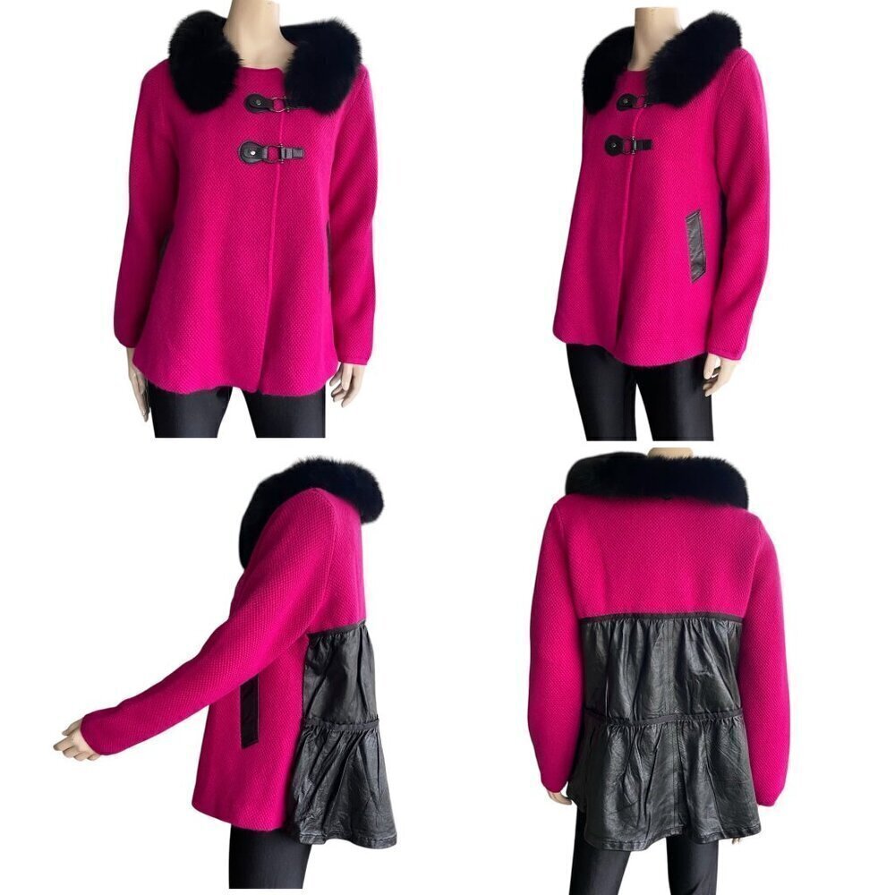 Fuchsia Waffle Knit Faux Leather Swing Jacket Peplum Back Sz M​​​​​​​